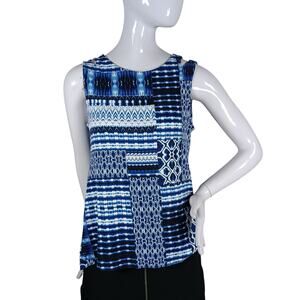 Cupio Blouse Blue Patch Print Size Small Sleeveless Shoulders Cut Outs Flowy